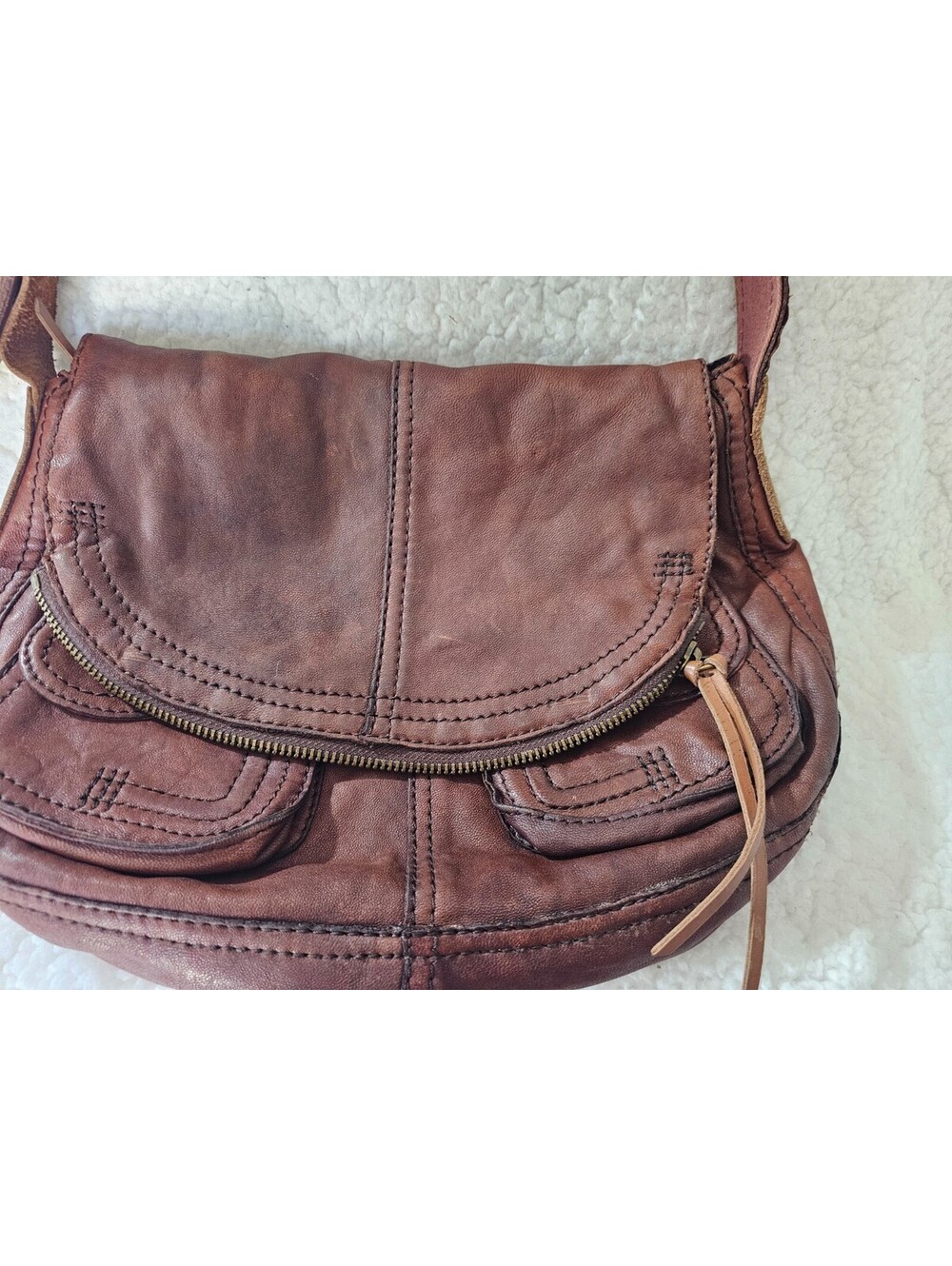 Lucky Brand Stash Fold Over Purse Hobo Bag Vintage Brown Lambskin Leather Boho - Picture 4 of 16
